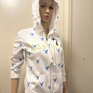 American Eagle Outfitters  White Hoodie with Blue and Yellow Accents